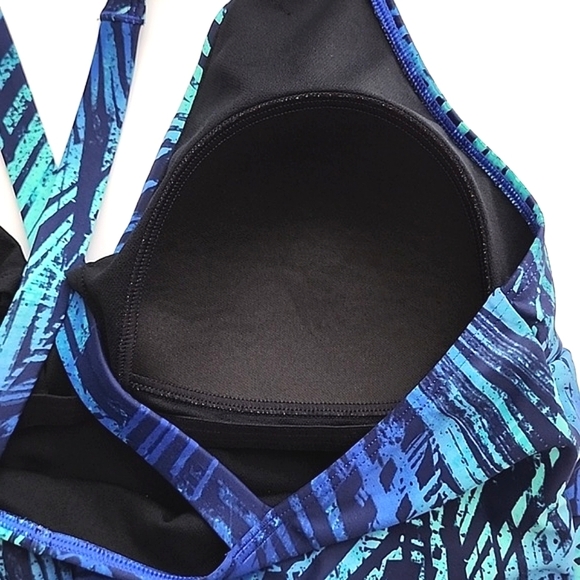Speedo One Piece Swimsuit Abstract Foliage Turquoise Blue Cross Straps Sz 16 - Picture 4 of 12